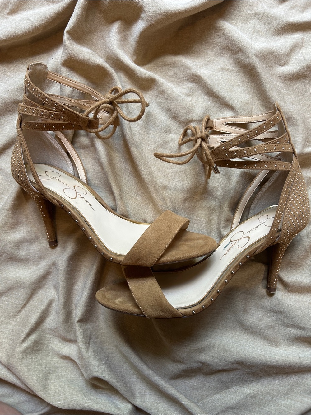 Jessica Simpson Taupe Studded Lace-Up Heels